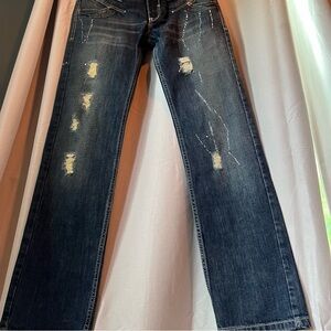 Roberto Cavalli Distressed Paint Splatter Jeans Medallion Patch Italy Y2K size